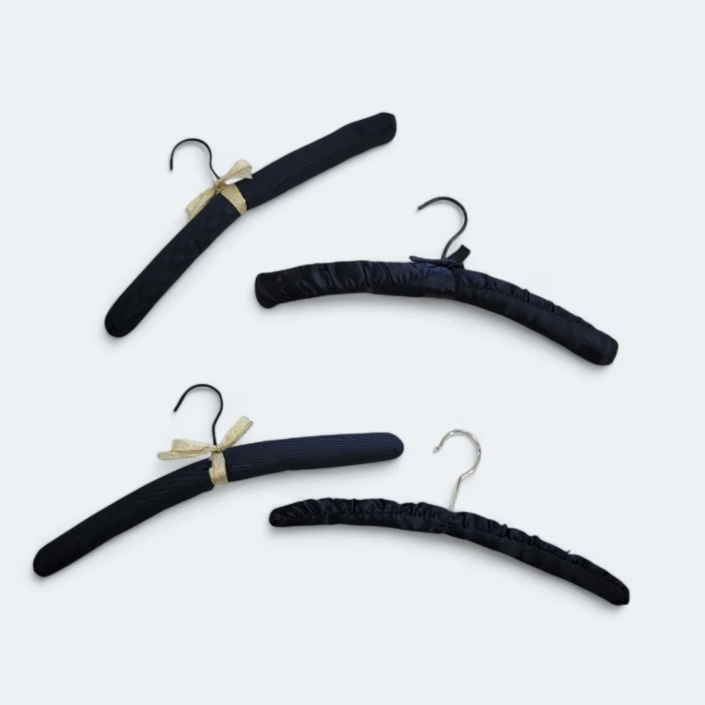 Set of Vintage Black Satin Padded Hangers with Gold And Pearl Accents